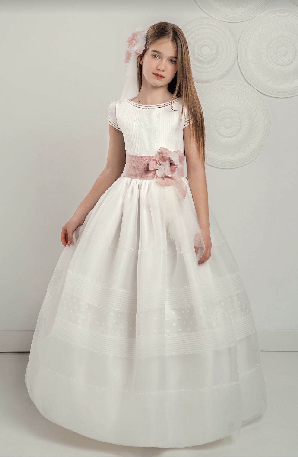 White Organza Communion Dress with delicate plumetti, tucks and short sleeves