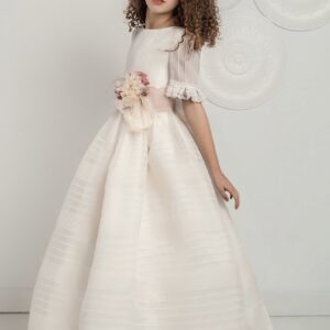 White Organza Communion Dress with delicate tucks and 3/4 sleeves