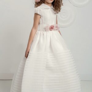 White Organza Communion Dress with delicate tucks and short sleeves