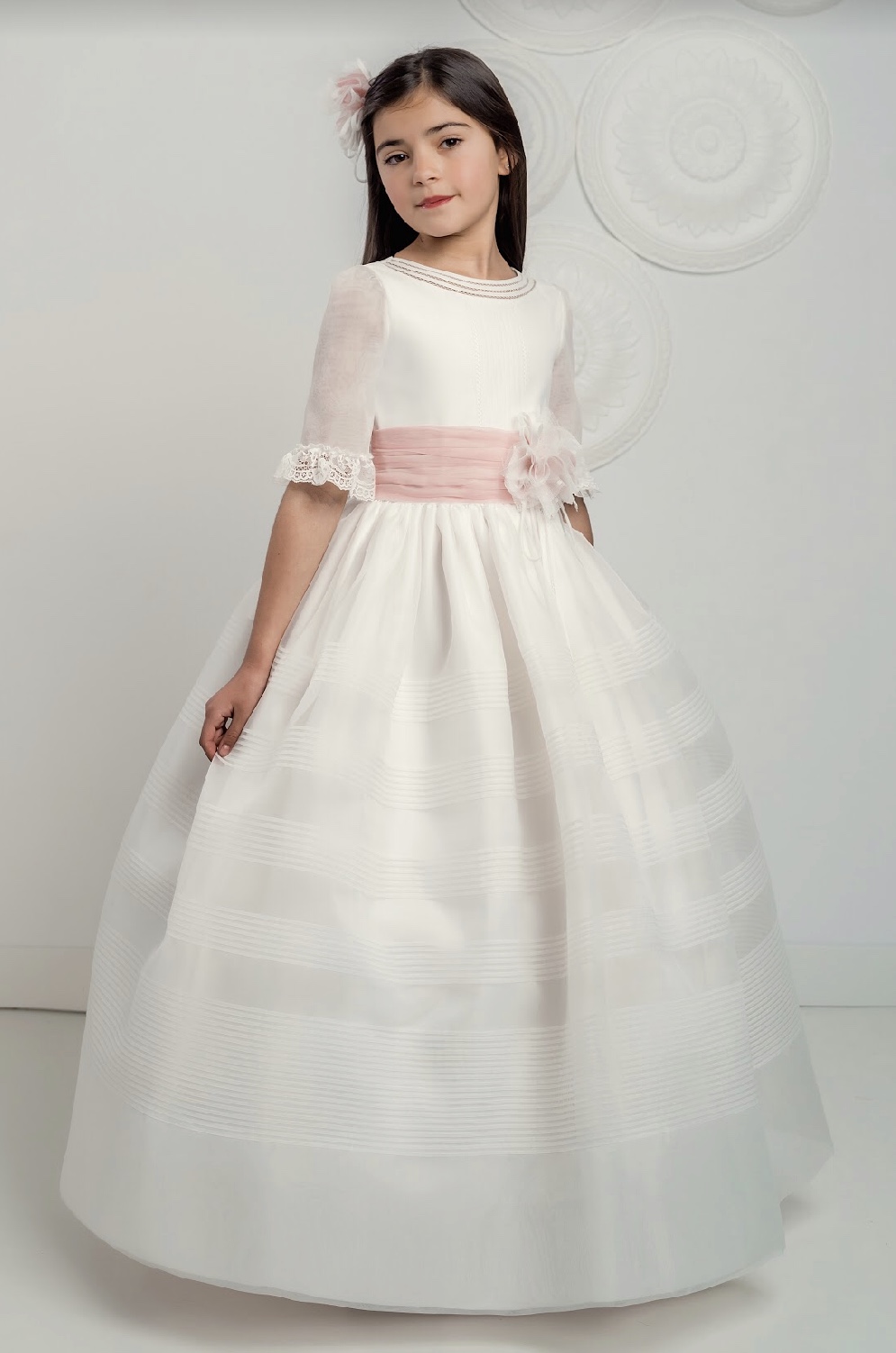 White Organza Communion Dress with delicate tucks and 3/4 sleeves