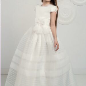 White Organza Communion Dress with delicate tucks and short sleeves